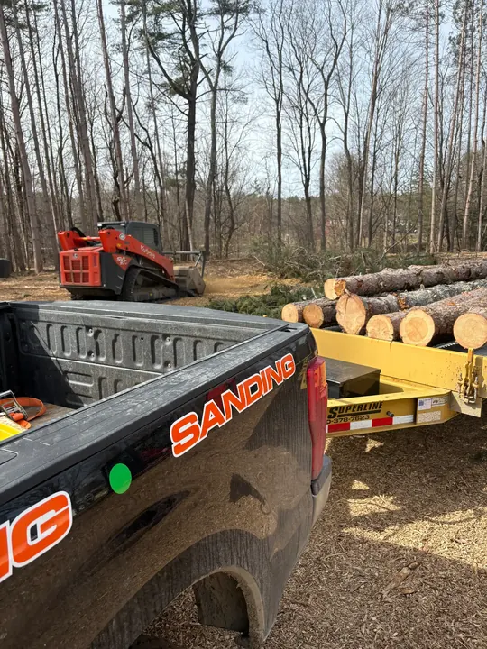 Track loader and log trailer on a cleared lot